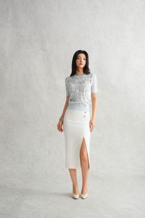 Sixdo Pastel Blue Distressed Knit Blouse